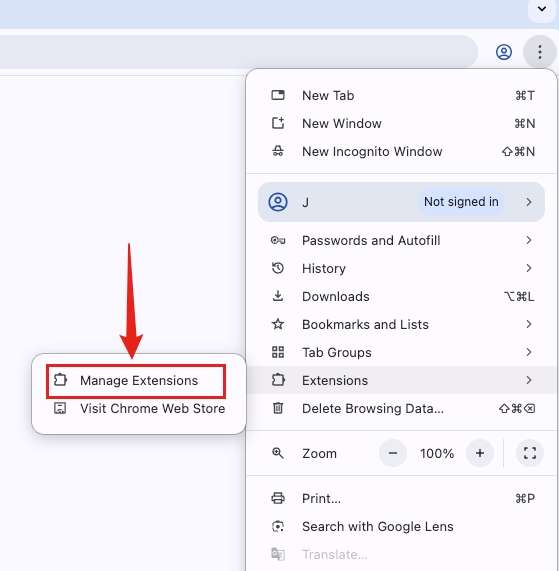 ブラウザの「拡張機能の管理」ページを開く